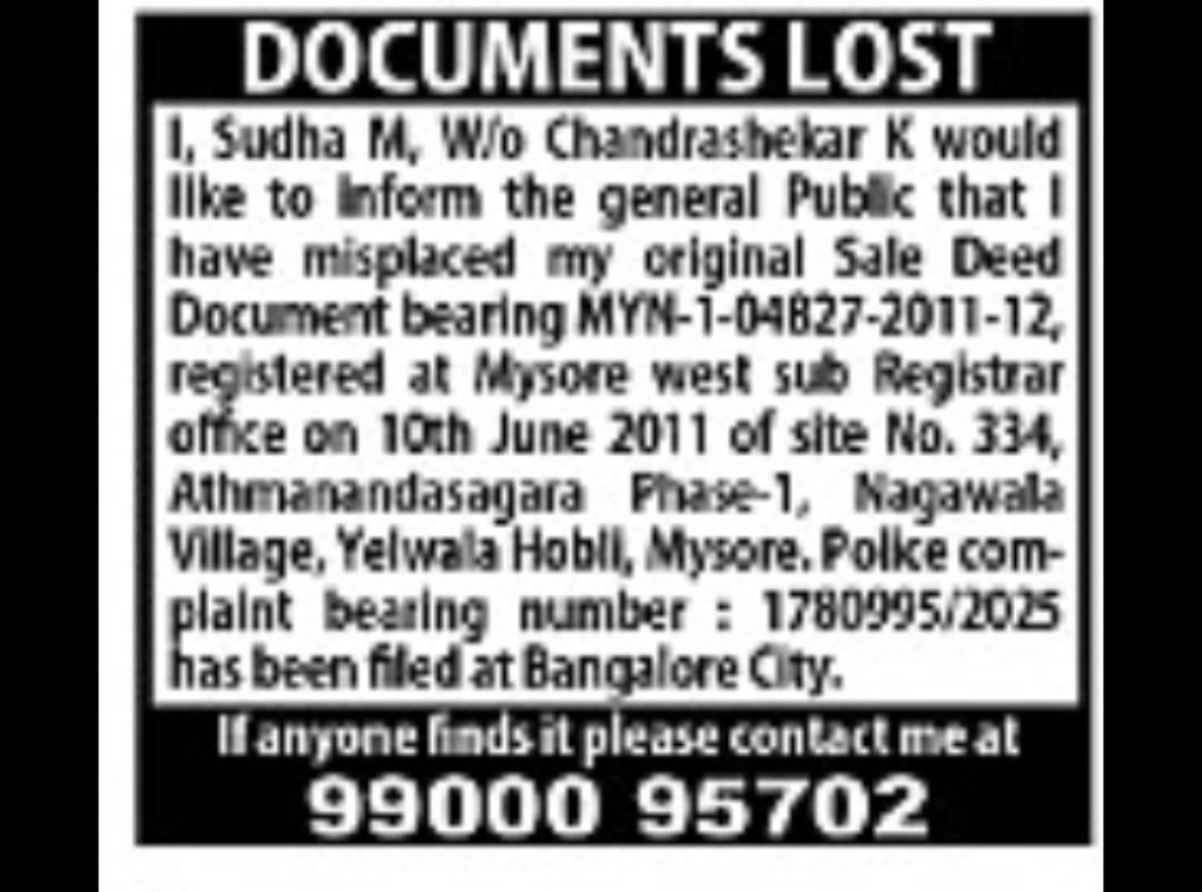Documents Lost – Sale Deed Document (Mysore)
