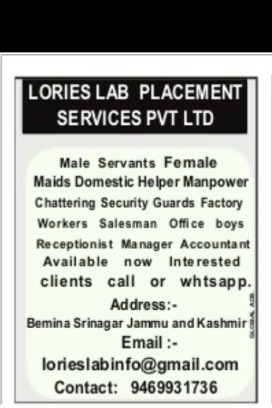 Domestic Helper & Manpower Services Available – Lories Lab Placement Services Pvt. Ltd.