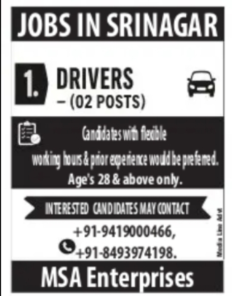 DRIVER JOB – MSA ENTERPRISES, SRINAGAR