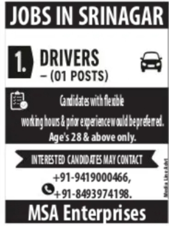 Driver Required in Srinagar – MSA Enterprises