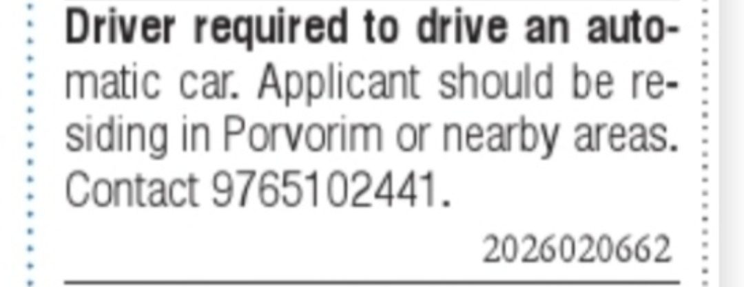 Driver Required – Porvorim, Goa