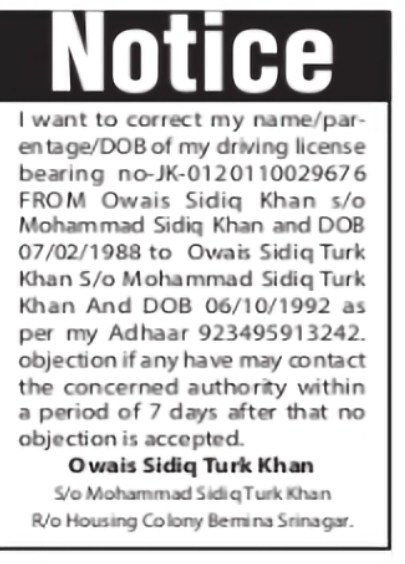 Driving Licence Correction Notice – Owais Sidiq Turk Khan