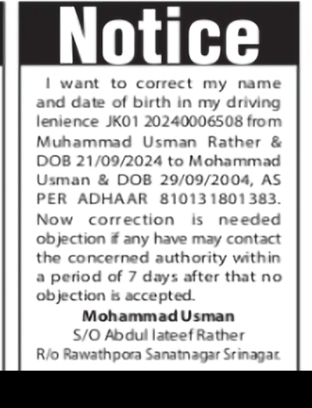 Driving Licence Name and DOB Correction Notice – Mohammad Usman