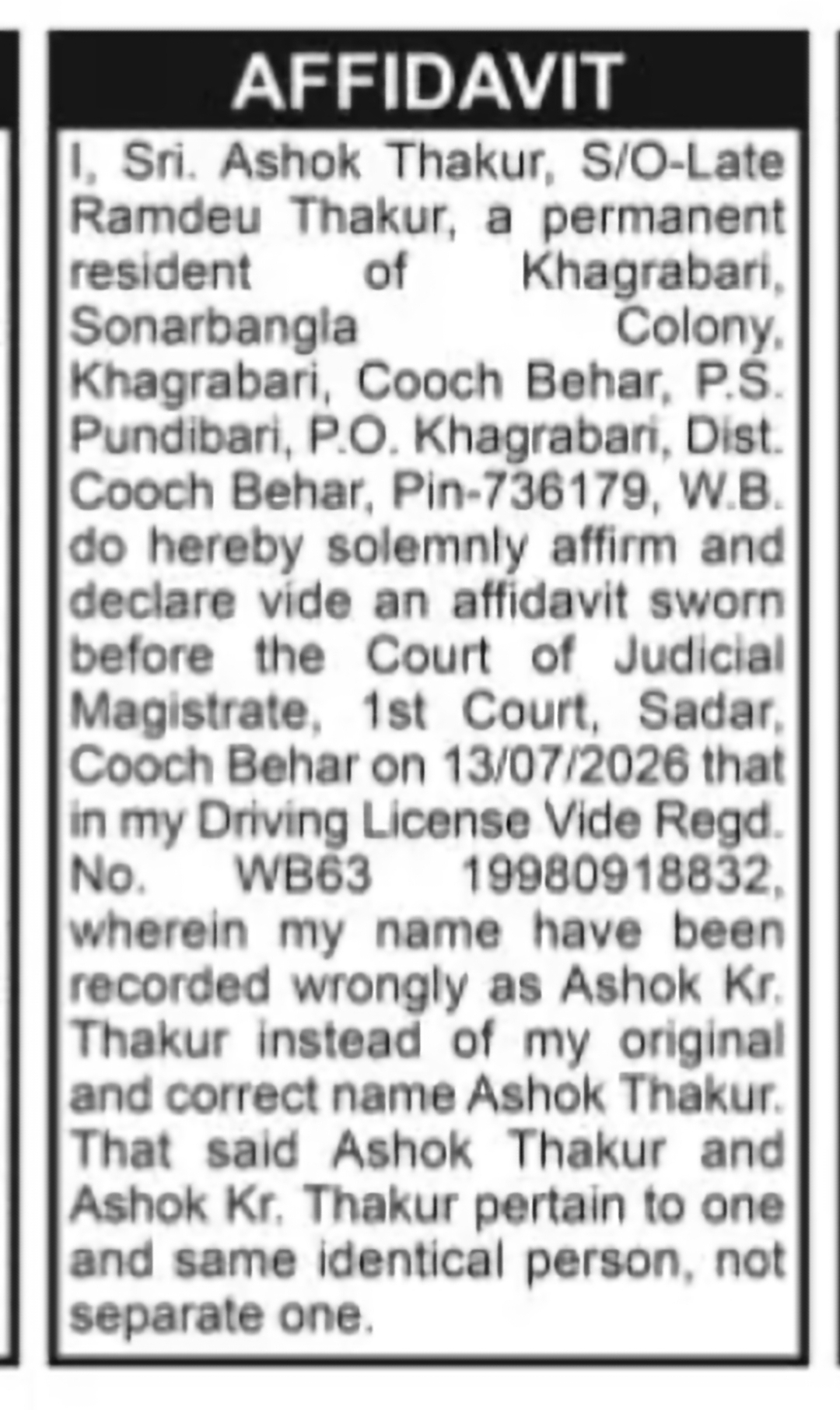 Driving Licence Name Correction – Ashok Thakur