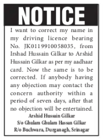 Driving Licence Name Correction Notice – Arshid Hussain Gilkar