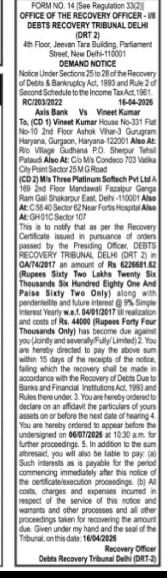 DRT Delhi Demand Notice Against Vineet Kumar & M/s Three Platinum Softech Pvt. Ltd.