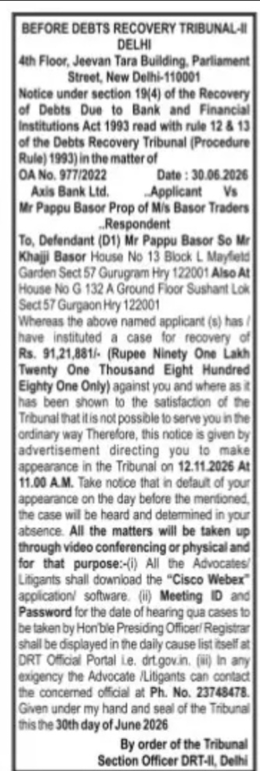 DRT Delhi Recovery Notice – Axis Bank Ltd. vs. Mr. Pappu Basor (OA No. 977/2022)