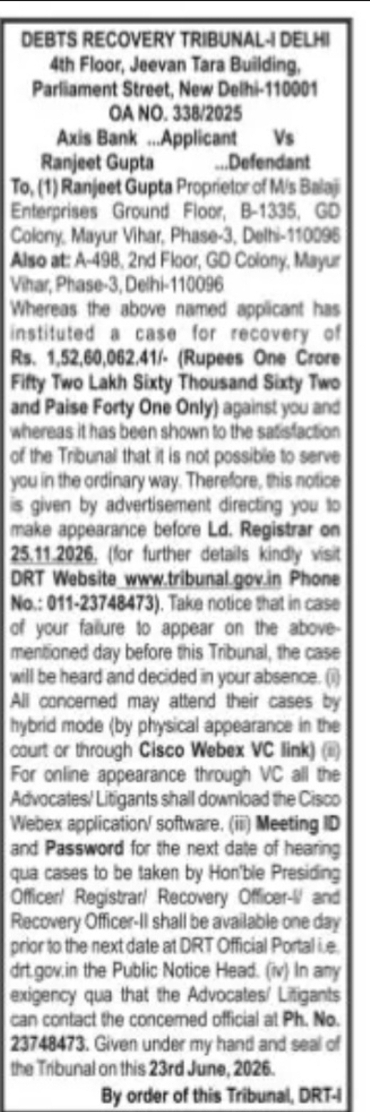 DRT Delhi Recovery Notice – Axis Bank Ltd. vs. Ranjeet Gupta (OA No. 338/2025)