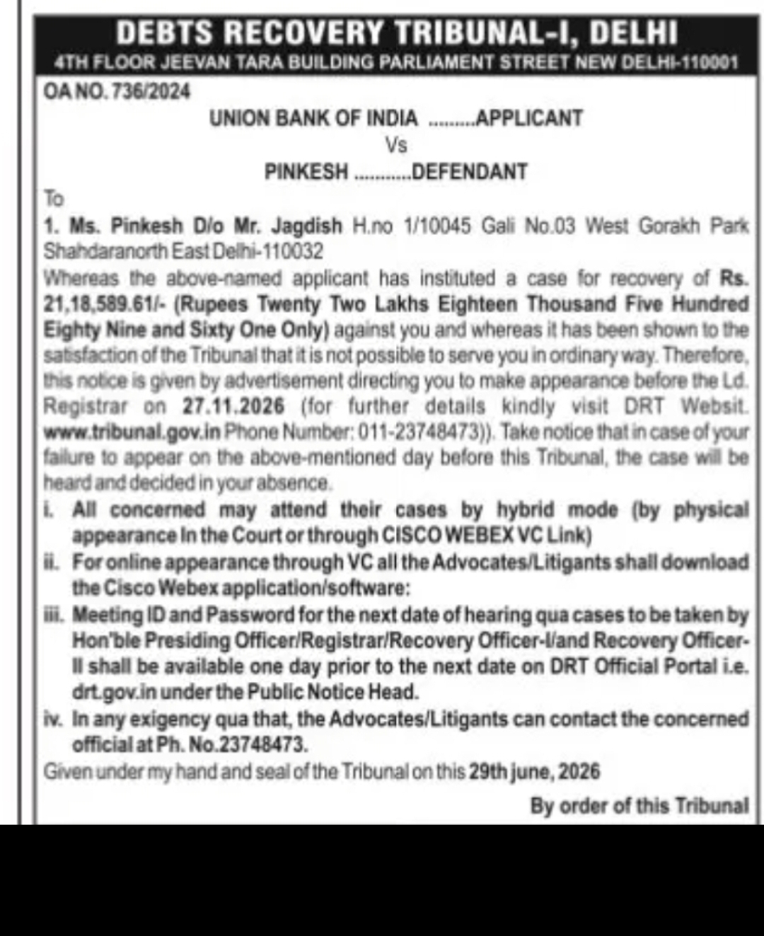 DRT Delhi Recovery Notice – Union Bank of India vs. Pinkesh (OA No. 736/2024)