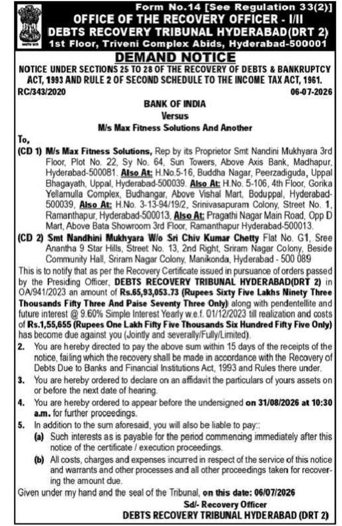 DRT Hyderabad Demand Notice – Bank of India vs M/s Max Fitness Solutions & Another
