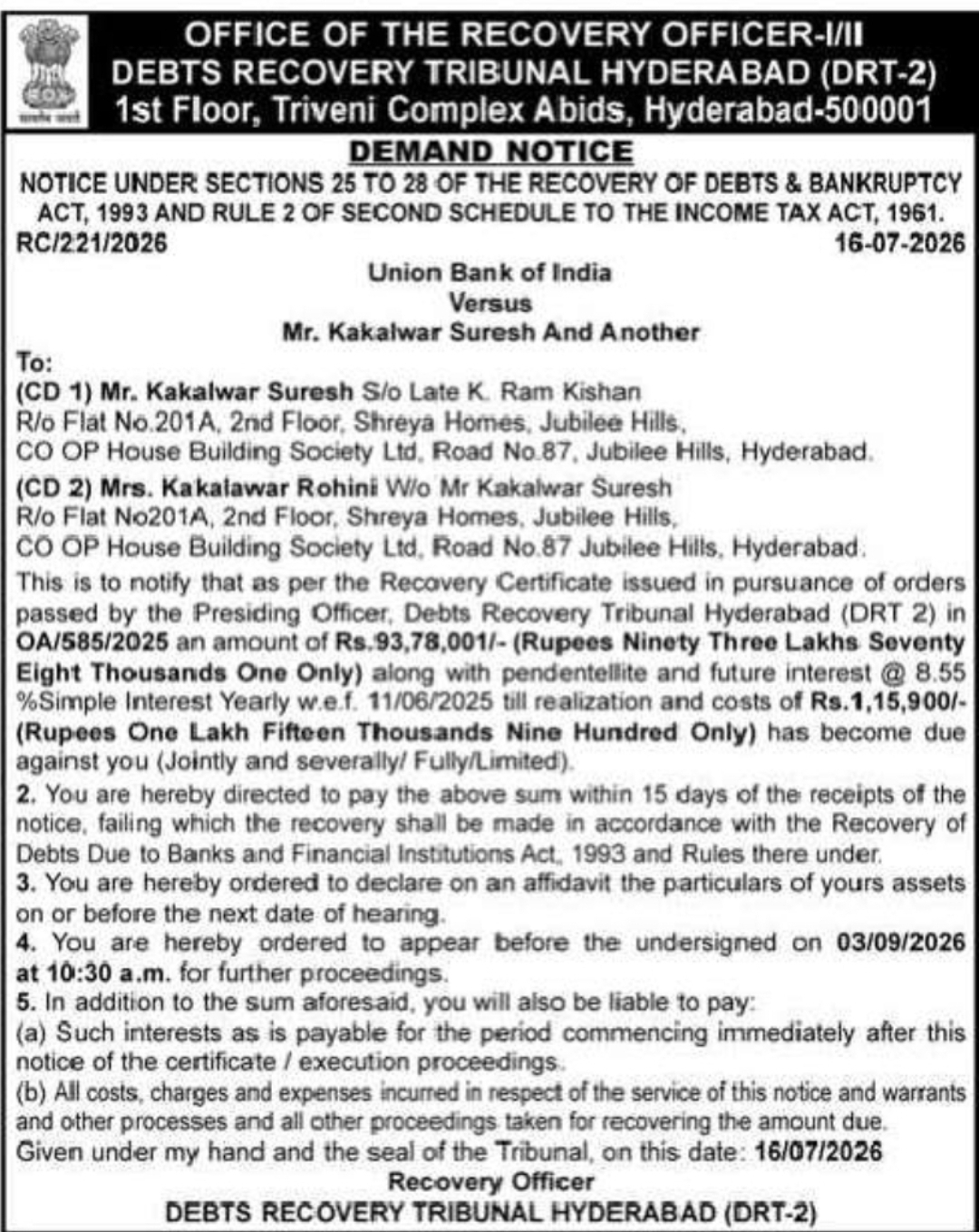DRT Hyderabad Issues Demand Notice Against Borrowers in Union Bank Recovery Case