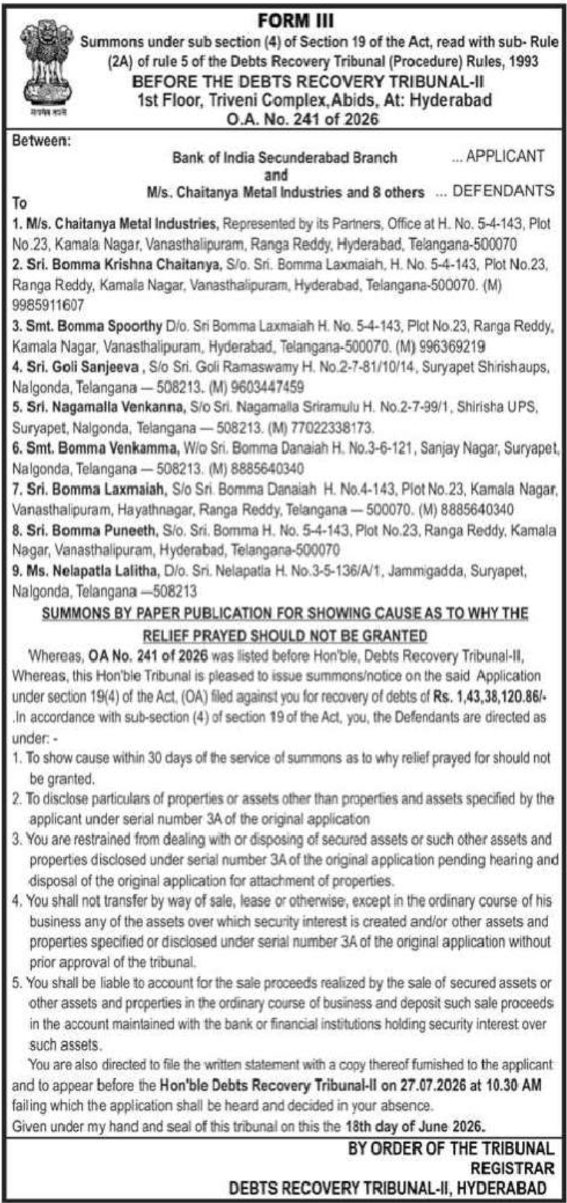 DRT Hyderabad Summons Published in Bank of India Recovery Case – OA No. 241/2026