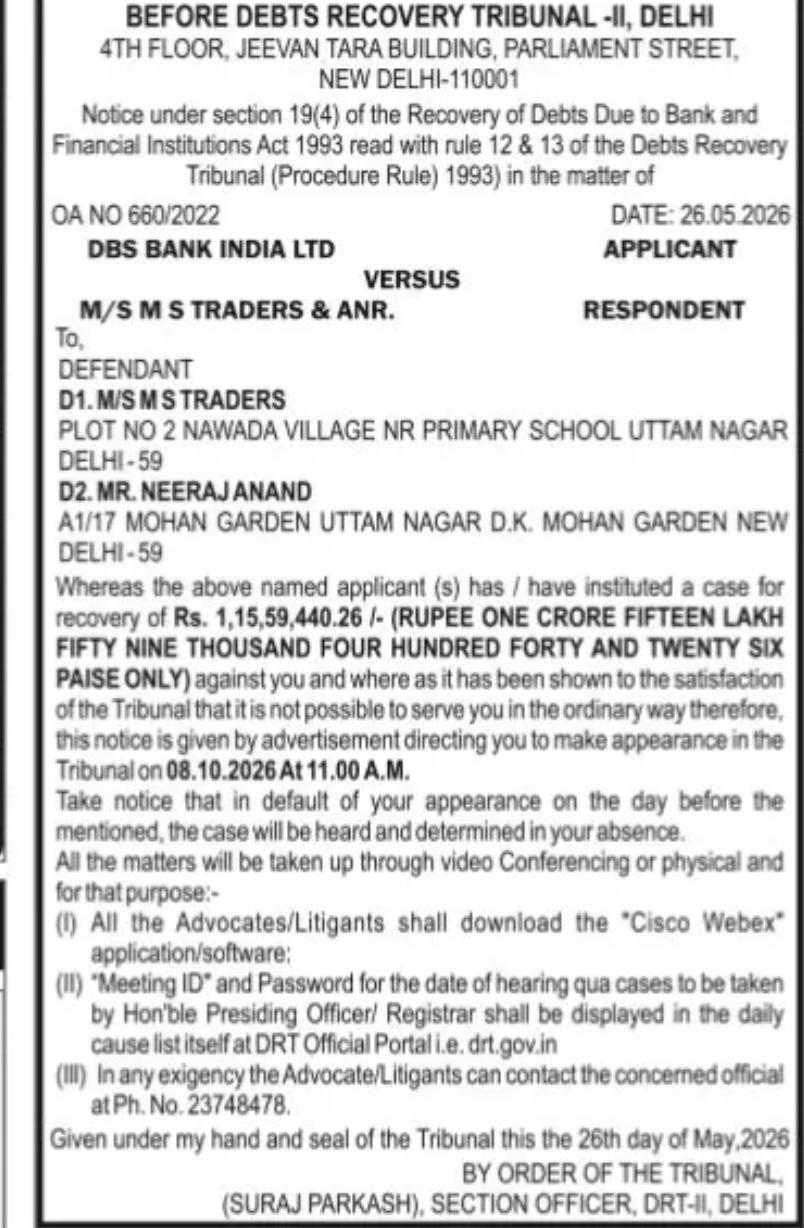 DRT-II Delhi Notice – Recovery Case Against M/S M S Traders & Anr.