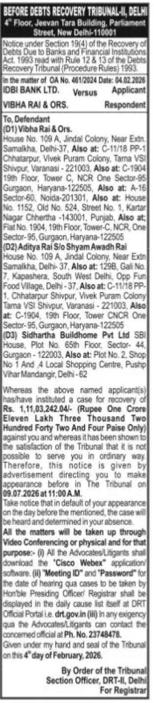 DRT-II Delhi Notice Regarding Recovery Case – OA No. 461/2024