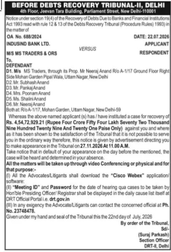 DRT-II Delhi Recovery Notice – IndusInd Bank Ltd vs M/s MS Traders & Others (OA No. 688/2024)