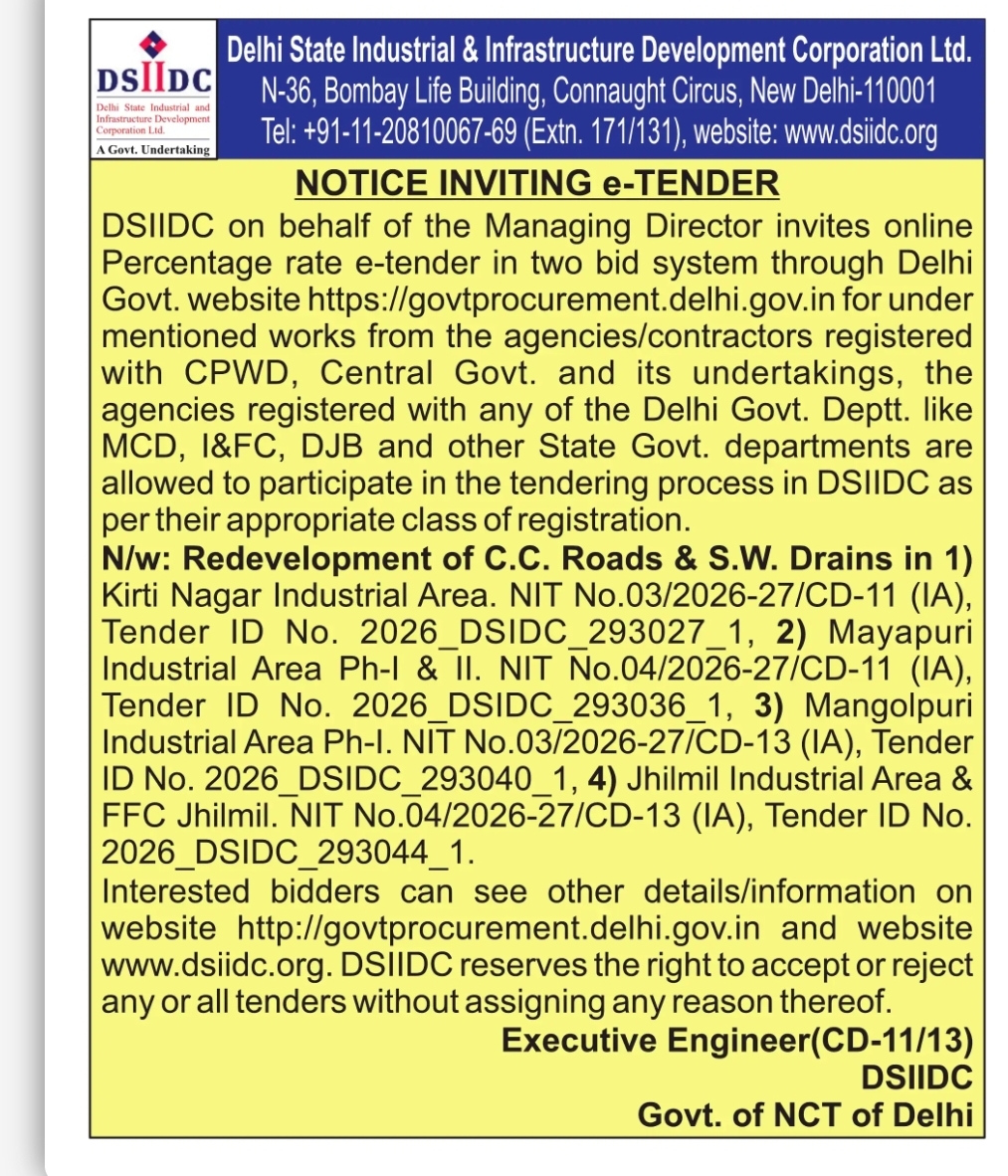 DSIIDC Invites E-Tenders for Redevelopment of Industrial Area Roads & Drainage Works in Delhi