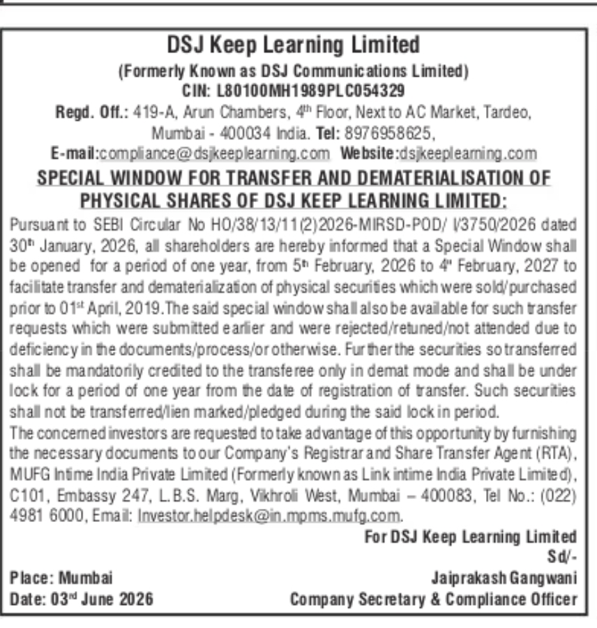 DSJ Keep Learning Limited – Special Window for Transfer and Dematerialisation of Physical Shares