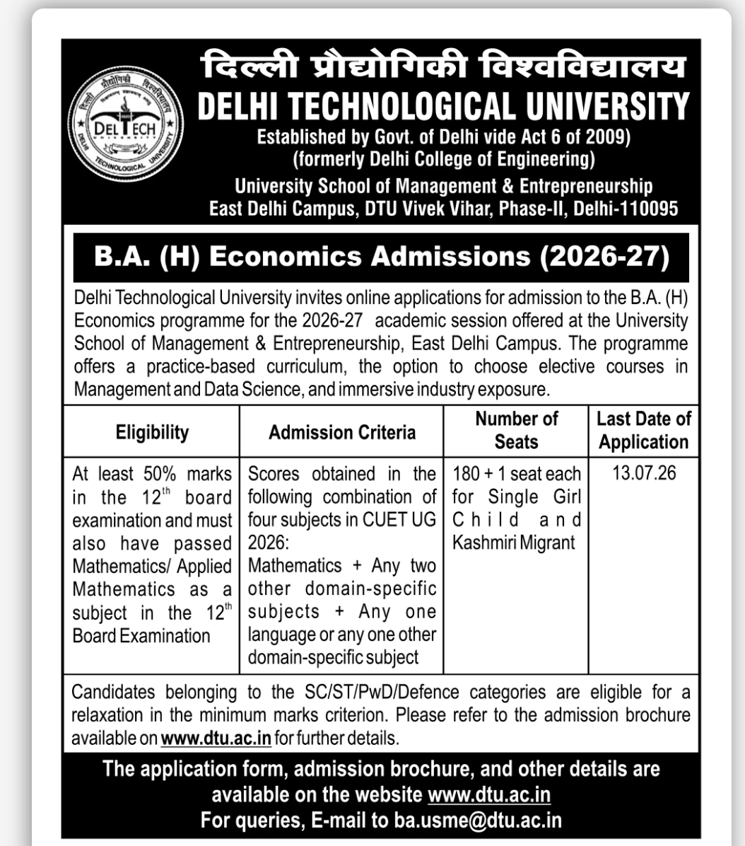 DTU B.A. (H) Economics Admissions 2026-27 Open