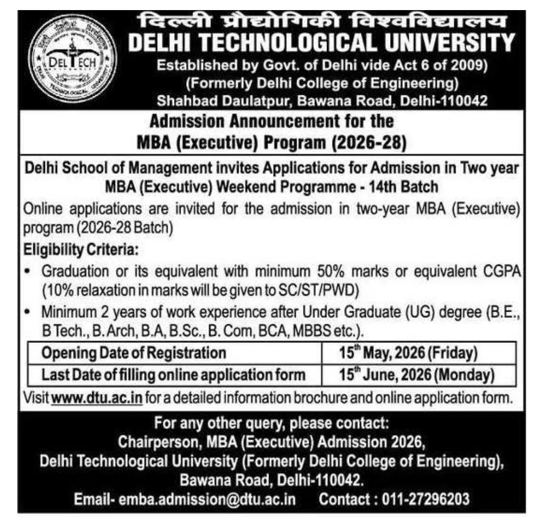 DTU MBA (Executive) Admission 2026–28 | Applications Open for Weekend Programme