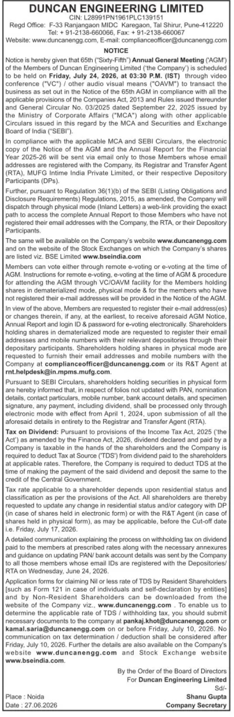 Duncan Engineering Limited – 65th Annual General Meeting (AGM) Notice 2026