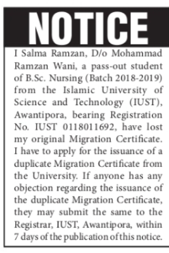 Duplicate Migration Certificate Notice – Salma Ramzan