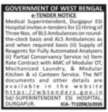 Durgapur ESI Hospital Invites Multiple e-Tenders