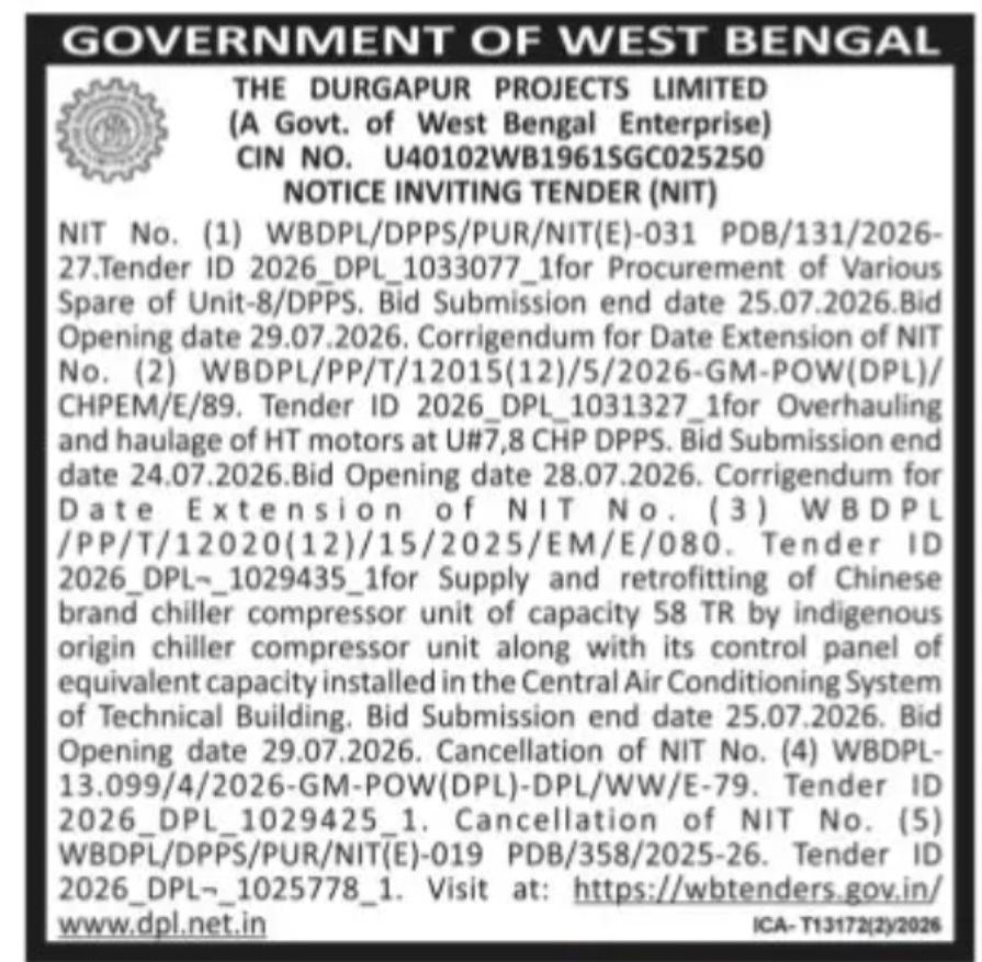 Durgapur Projects Limited (DPL) Tender Notice
