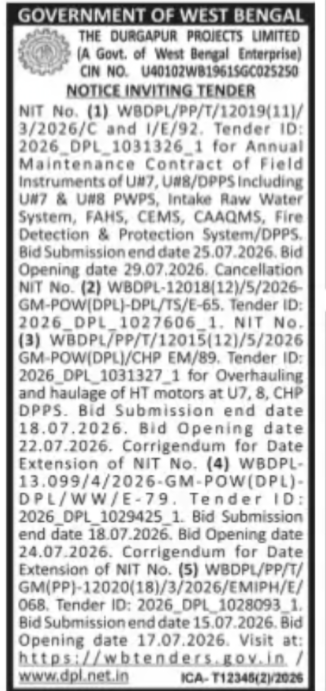 Durgapur Projects Limited Invites Tenders for Maintenance and Engineering Works