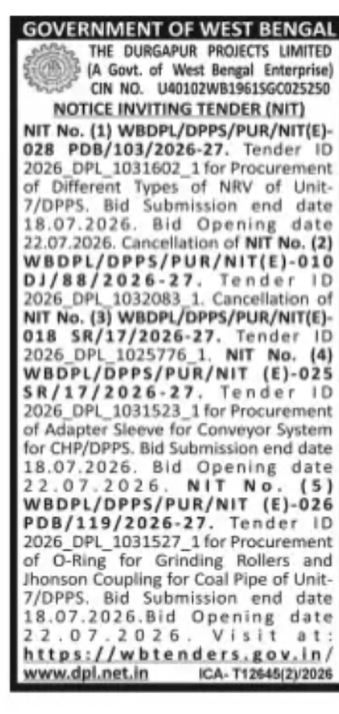 Durgapur Projects Limited Tender for Equipment & Spare Parts Procurement