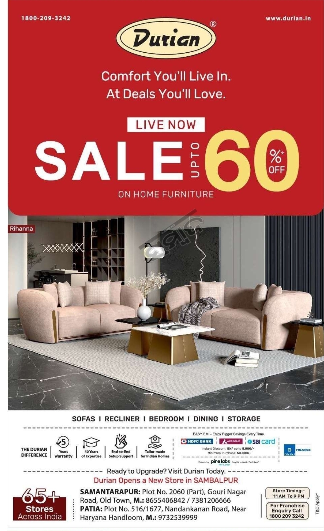 Durian Furniture Sale – New Store Now Open in Sambalpur