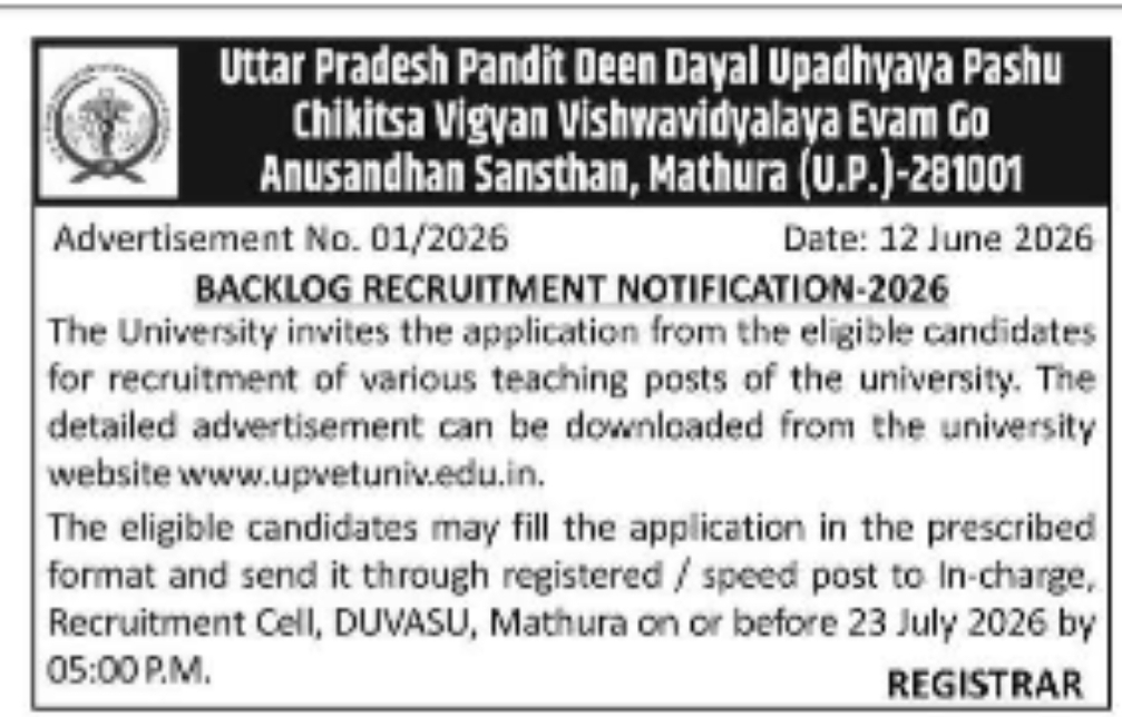 DUVASU Mathura Backlog Recruitment 2026 – Teaching Posts Notification (Advt. No. 01/2026)