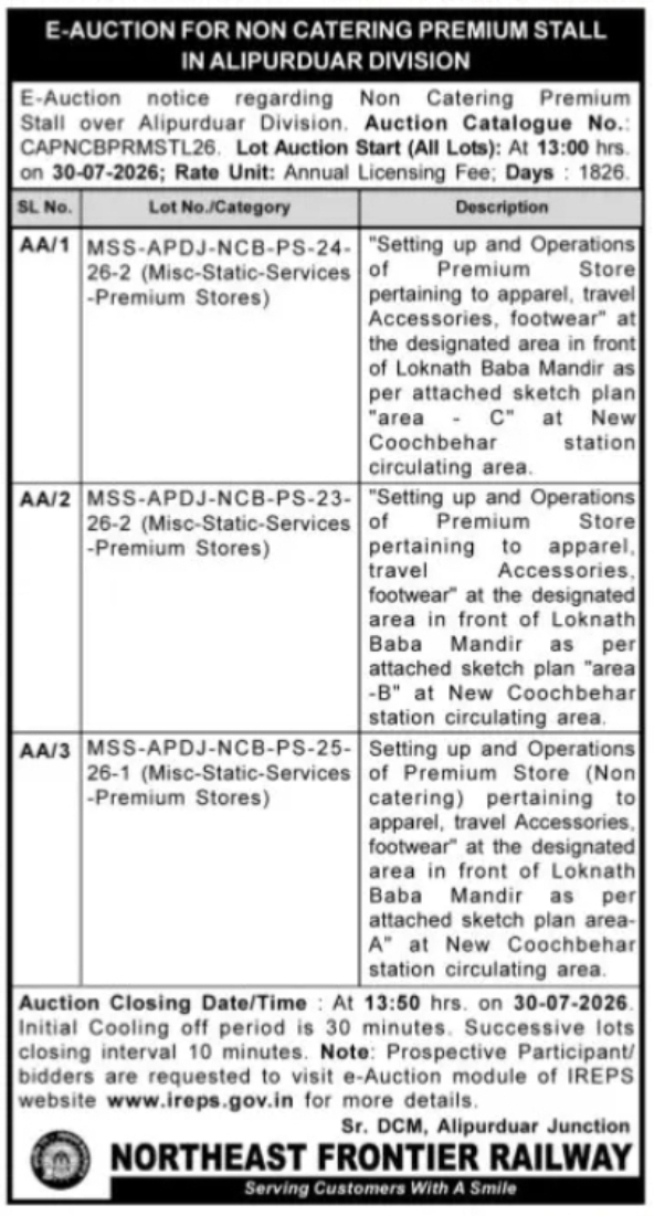 E-Auction for Non-Catering Premium Stalls at New Cooch Behar Station