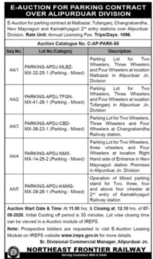 E-Auction for Railway Parking Contracts – Alipurduar Division