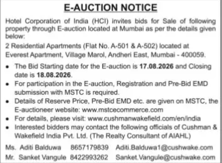 E-AUCTION NOTICE – 2 Residential Apartments in Mumbai
