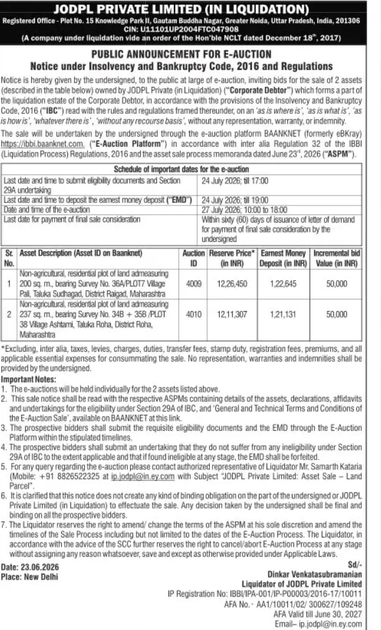 E-Auction Notice for Residential Land Plots in Raigad, Maharashtra