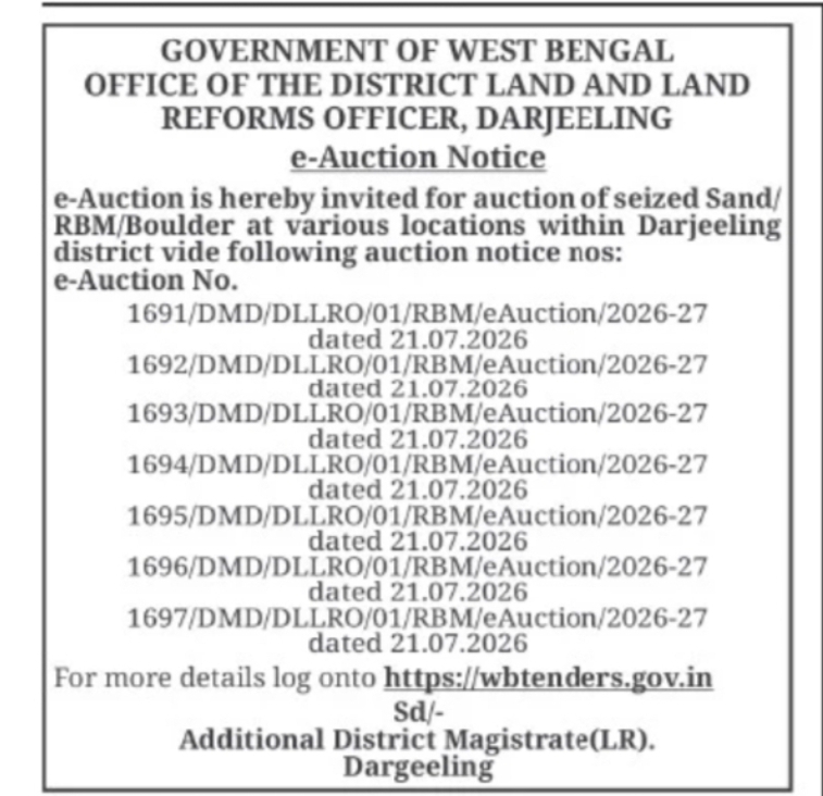 e-Auction Notice for Seized Sand, RBM & Boulder – Darjeeling, West Bengal