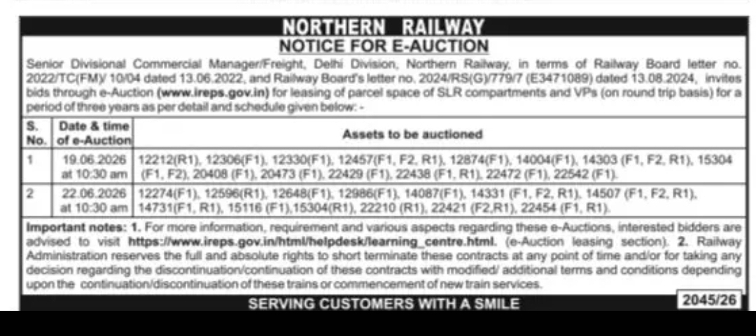 E-Auction Notice – Leasing of Parcel Space (SLR & VP Coaches)