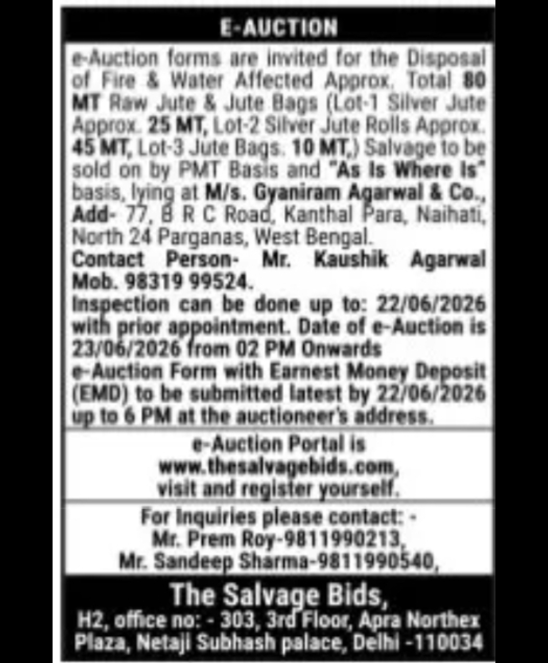 E-Auction Notice – Salvage Jute Materials (Naihati, West Bengal)
