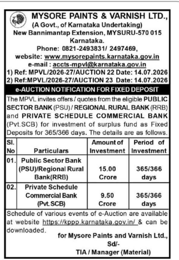 e-Auction Notification: Fixed Deposit Investment – Mysore Paints & Varnish Ltd.