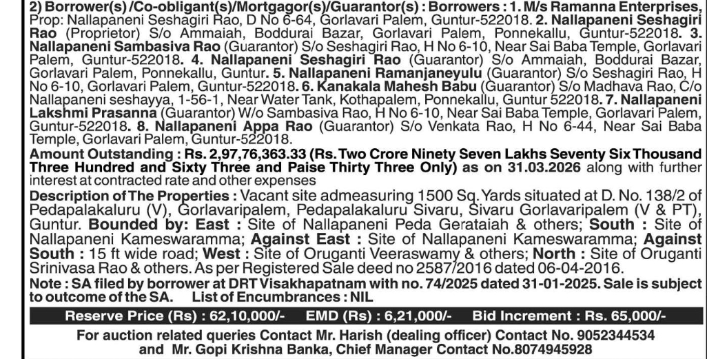 E-Auction Property Notice – Guntur (Nallapneni Ramanna Enterprises)