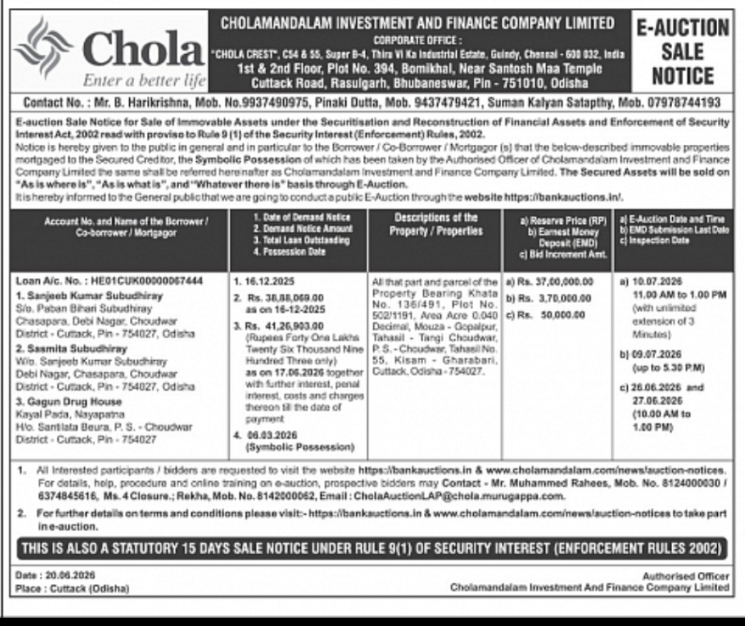 E-Auction Sale Notice – Cholamandalam Investment and Finance Company Ltd.