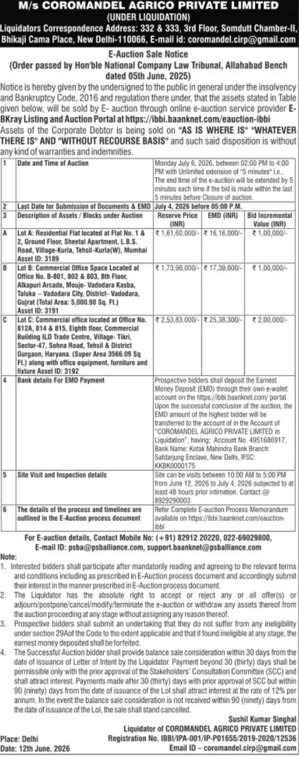 E-Auction Sale Notice – COROMANDEL AGRICO PRIVATE LIMITED (Under Liquidation)