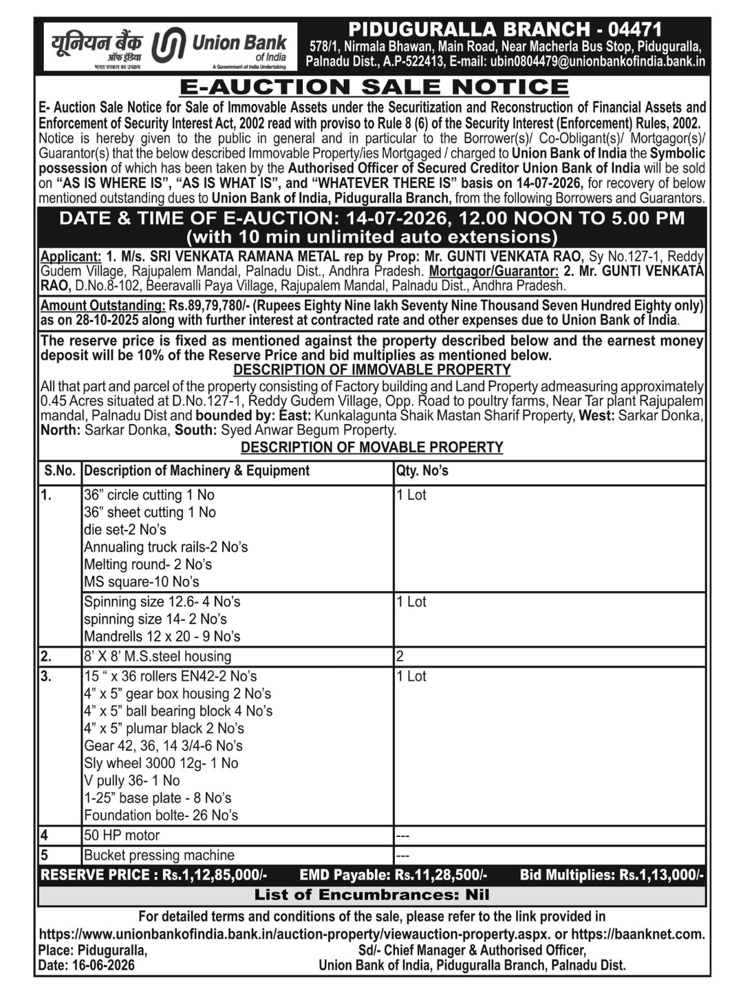 E-AUCTION SALE NOTICE