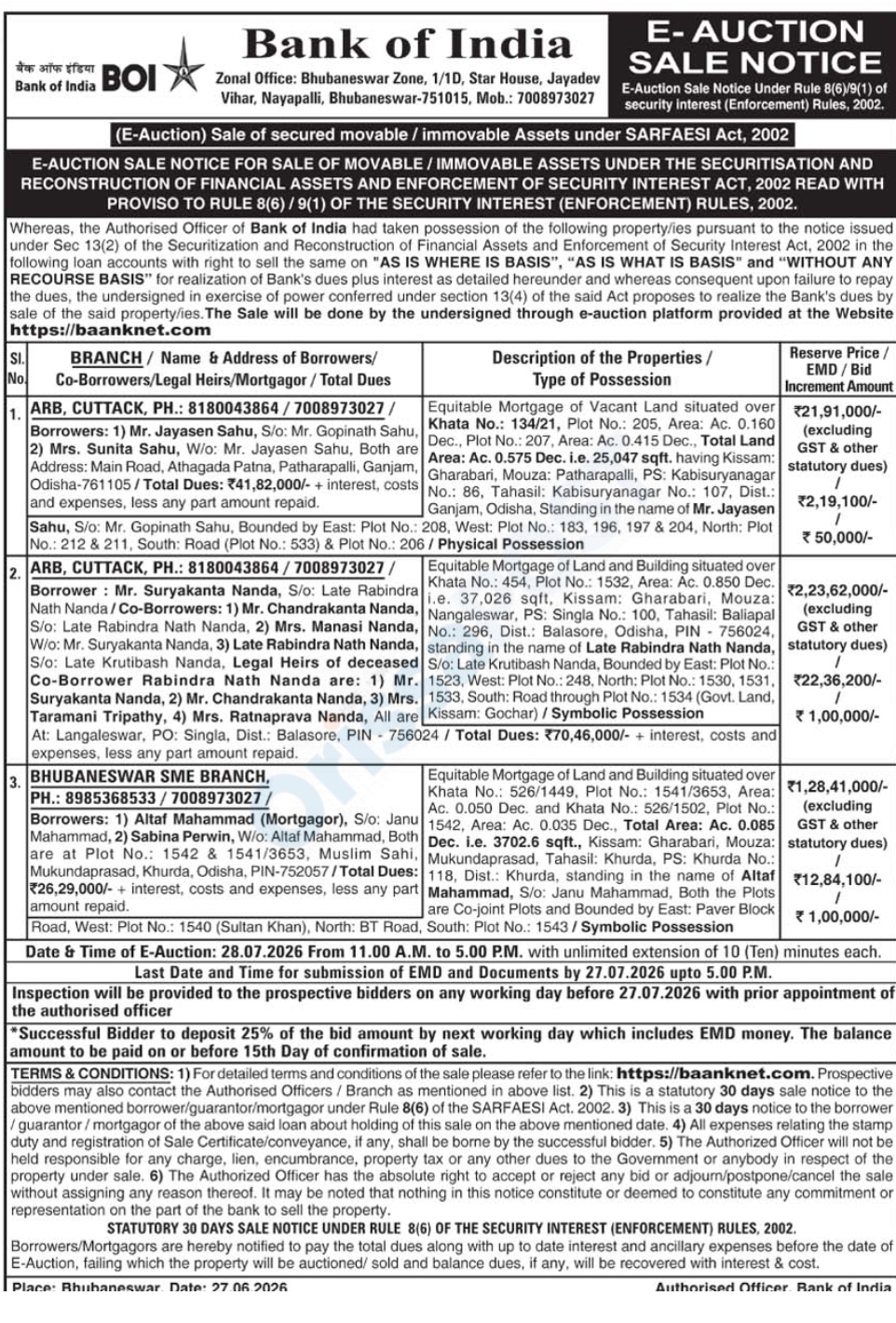 E-AUCTION SALE NOTICE