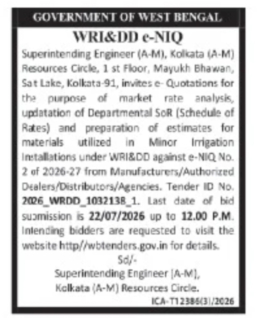 e-NIQ for Market Analysis and Schedule of Rates Update – WRI&DD