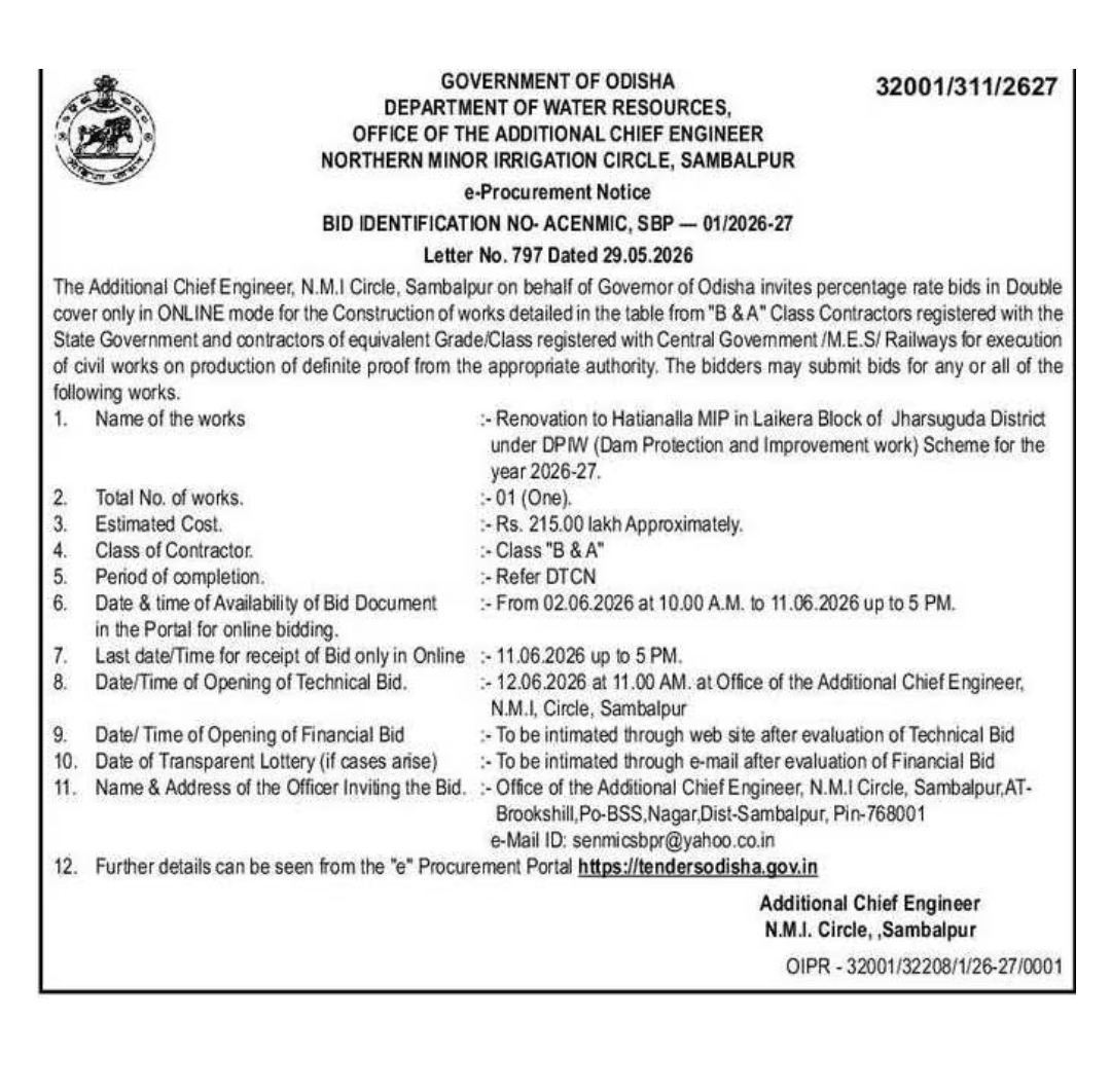 e-Procurement Notice for Renovation of Hatianalla MIP under DPM Scheme, Jharsuguda District (2026–27)
