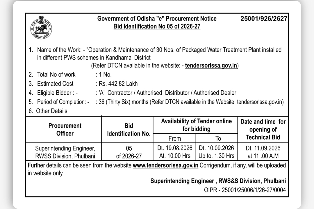 E-Procurement Notice – Operation & Maintenance of 30 Packaged Water Treatment Plants, Kandhamal
