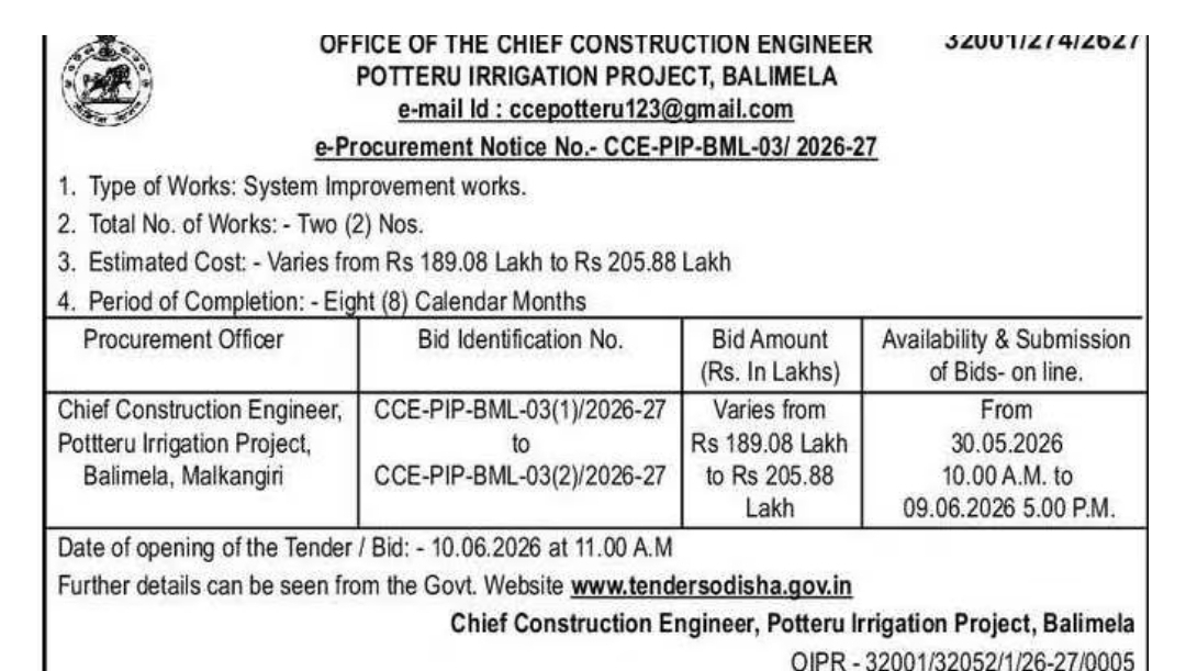 e-Procurement Notice – Potteru Irrigation Project, Balimela