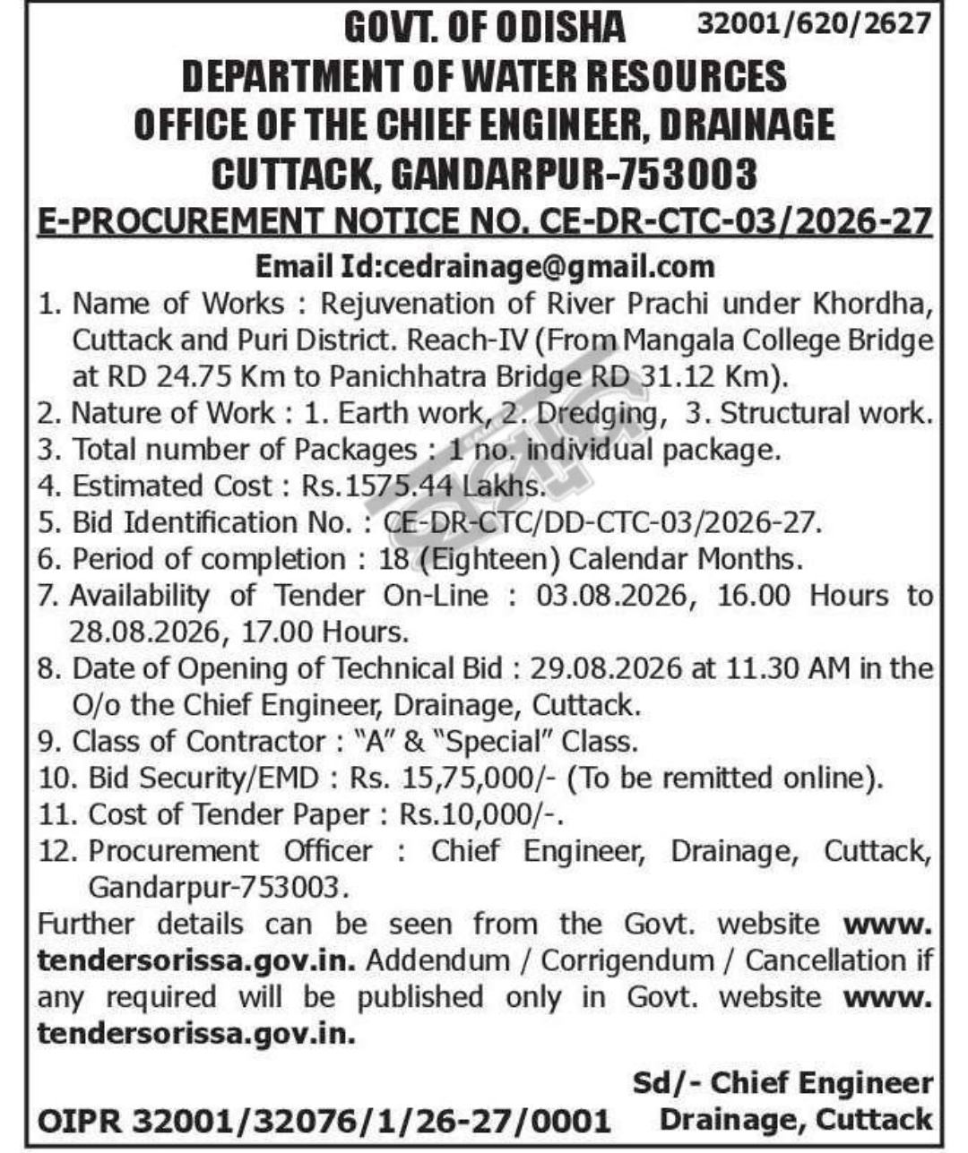 E-Procurement Notice – Rejuvenation of River Prachi Project, Odisha (Reach-IV)