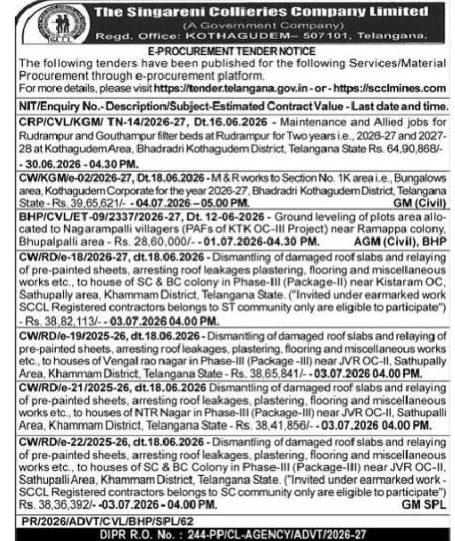 E-Procurement Tender Notice – The Singareni Collieries Company Limited